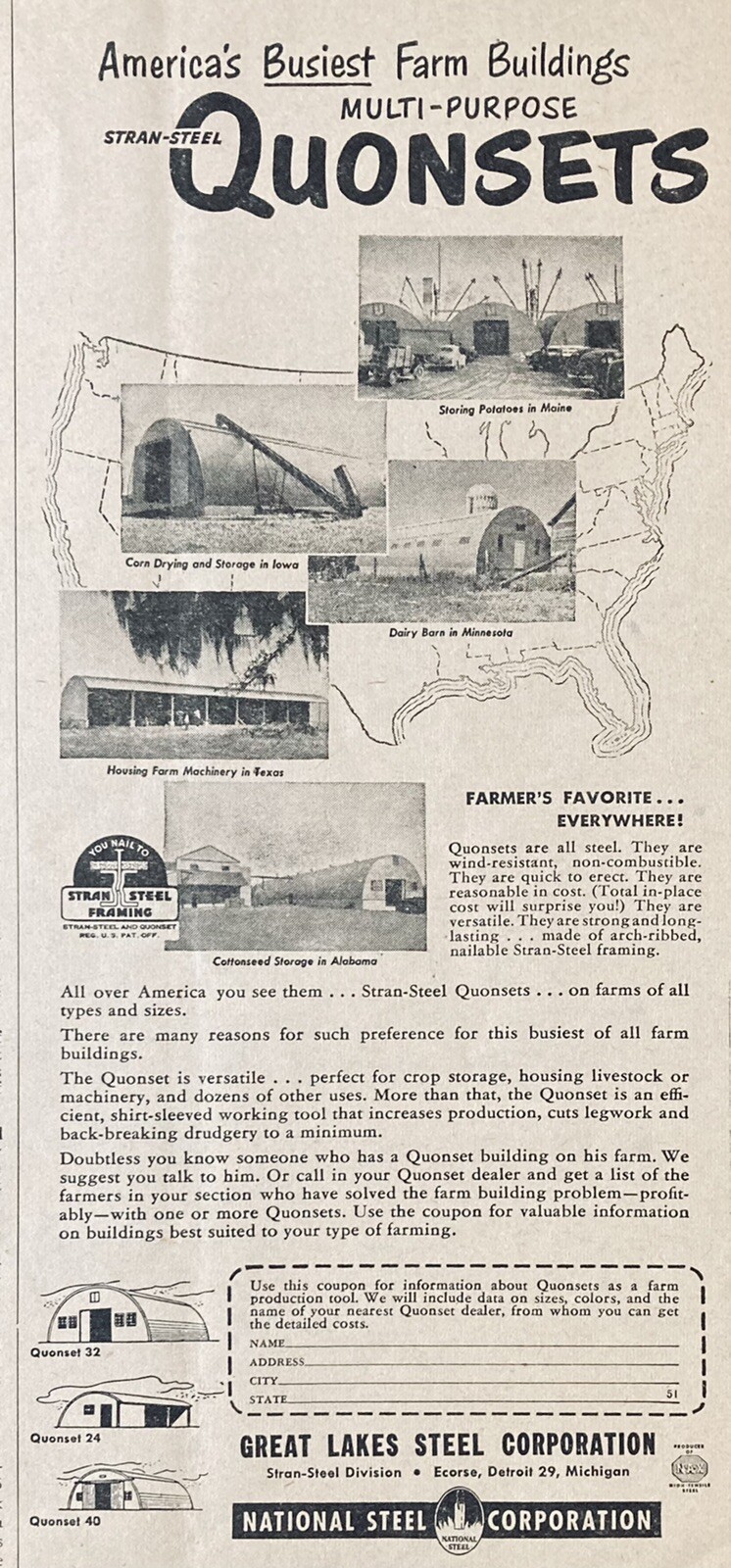 1951 AD(XH44)~GREAT LAKES STEEL CO. DETROIT. STEEL QUONSET FARM BUILDINGS