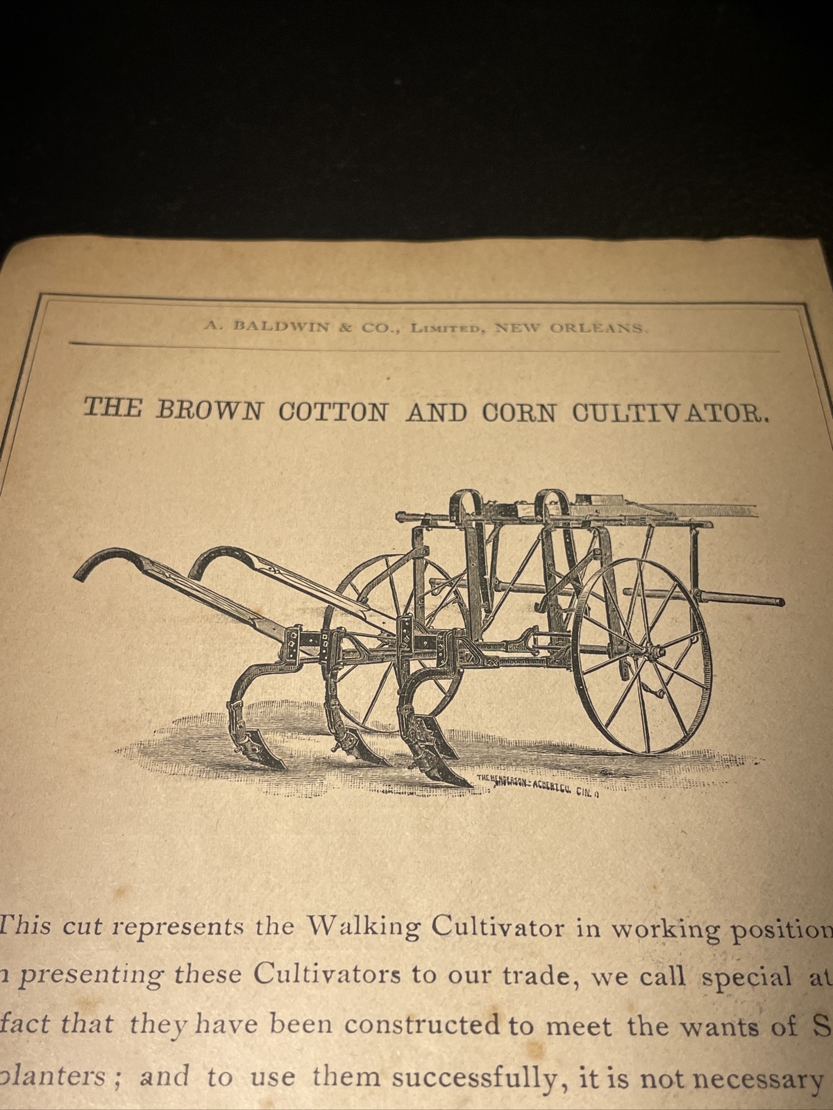 1891 Baldwin – Brown Cotton & Corn Cultivator Farm Advertising – New Orleans