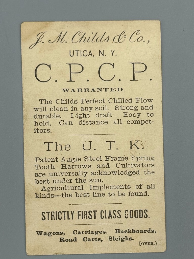 1880s JM CHILDS Ag Implements Wagon FARM Advertising Antique Trade Card UTICA NY