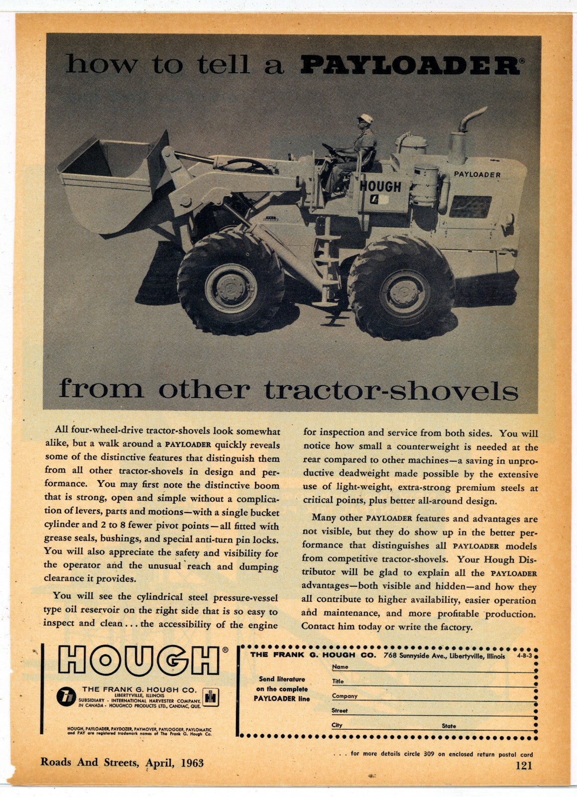 1963 Frank G. Hough Co. Ad: Payloader Tractor Shovel Pictured – Libertyville, IL