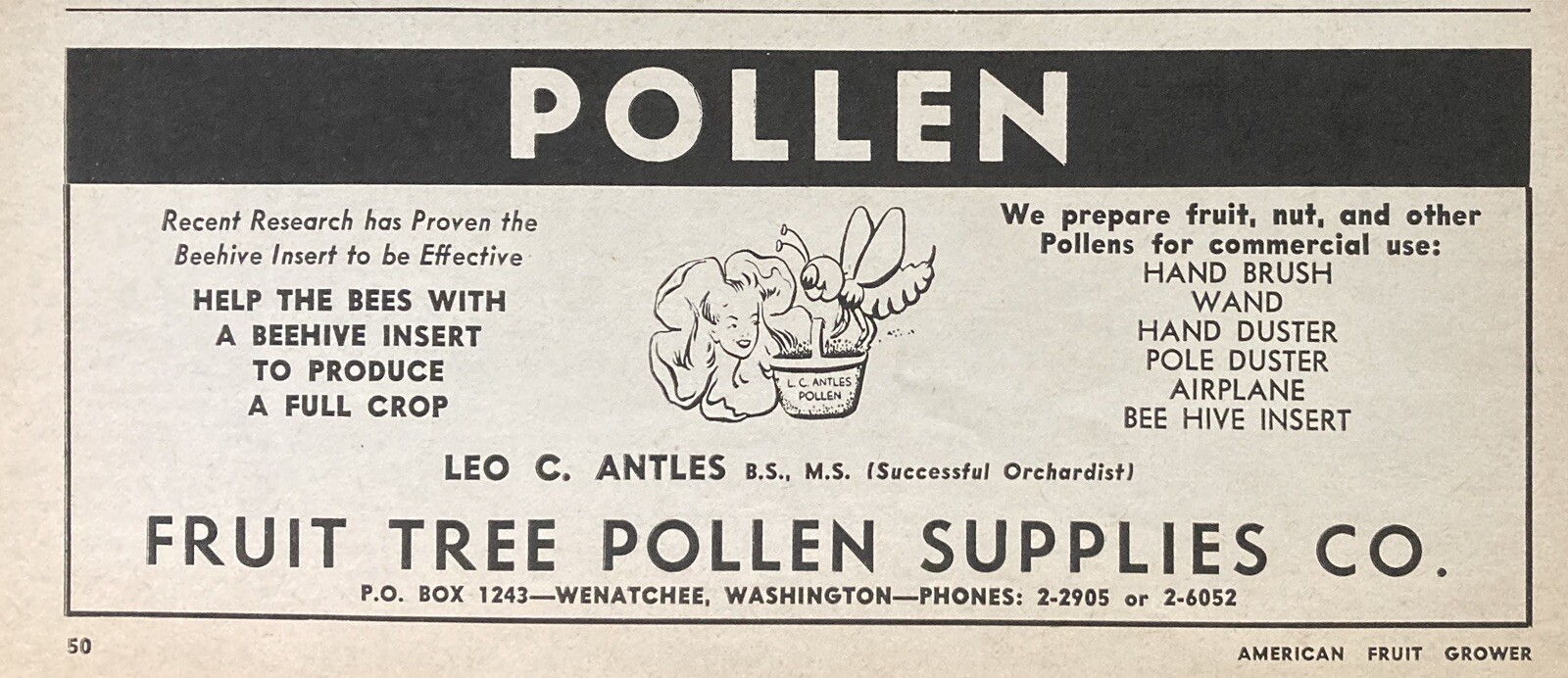 1958 AD.(XF23)~FRUIT TREE POLLEN SUPPLIES CO. WENATCHEE, WA. BEE POLLEN