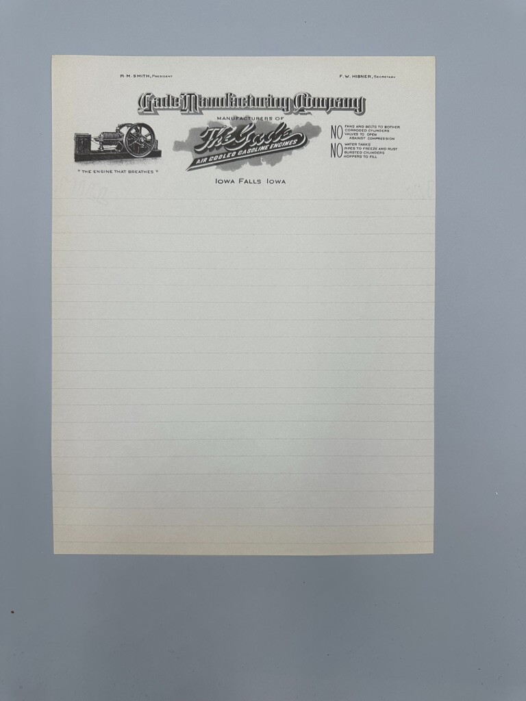 Vintage GADE Air Cooled GASOLINE ENGINES Farm Advertising IOWA FALLS Letterhead