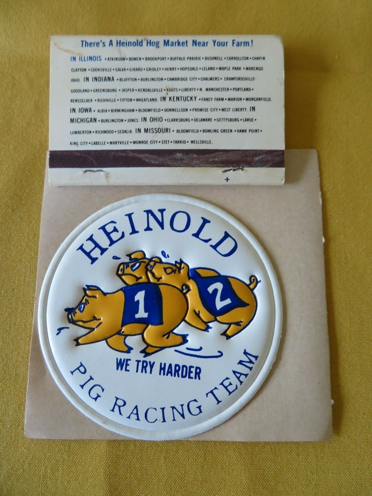 HEINOLD HOG MARKETS Large Matchbook & HOG RACING TEAM Vinyl Sticker ADVERTISING