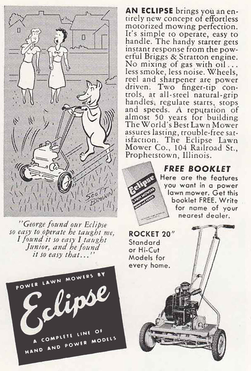 1949 Eclipse Rocket 20 Lawn Mower: Dog Vintage Print Ad