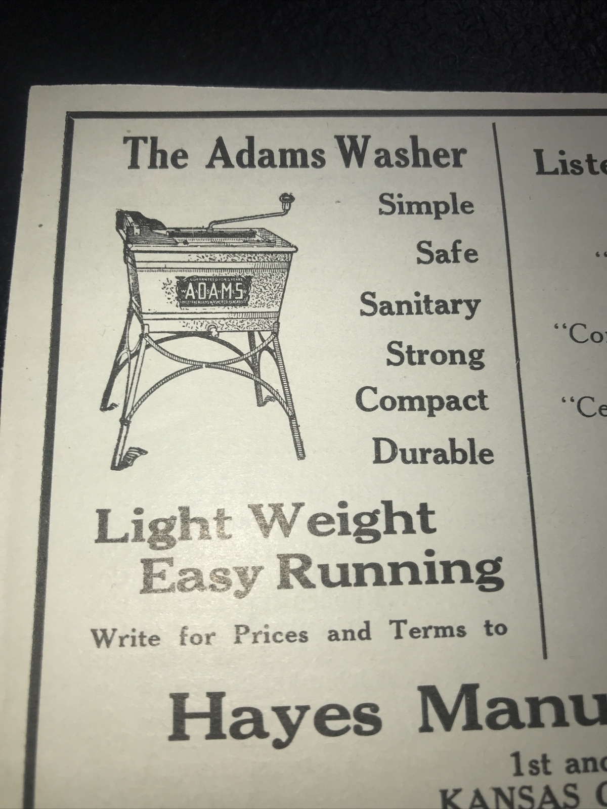 1916 Hayes – Adams Washer & Farm Implement Advertising – Kansas City – Missouri