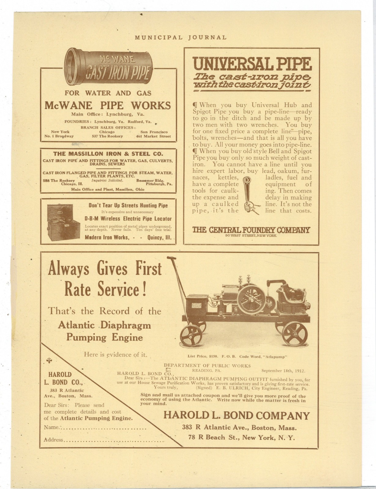 1912 Harold L. Bond Co. of Boston Ad: Atlantic Diaphragm Pumping Engines