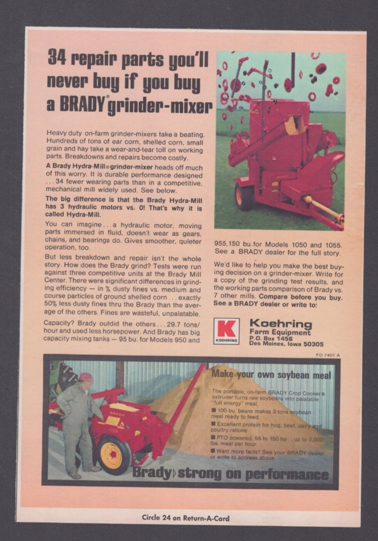 1974 Print Ad Koehring Farm Equipment Des Moines IA Brady Grinder-Mixer Soybean