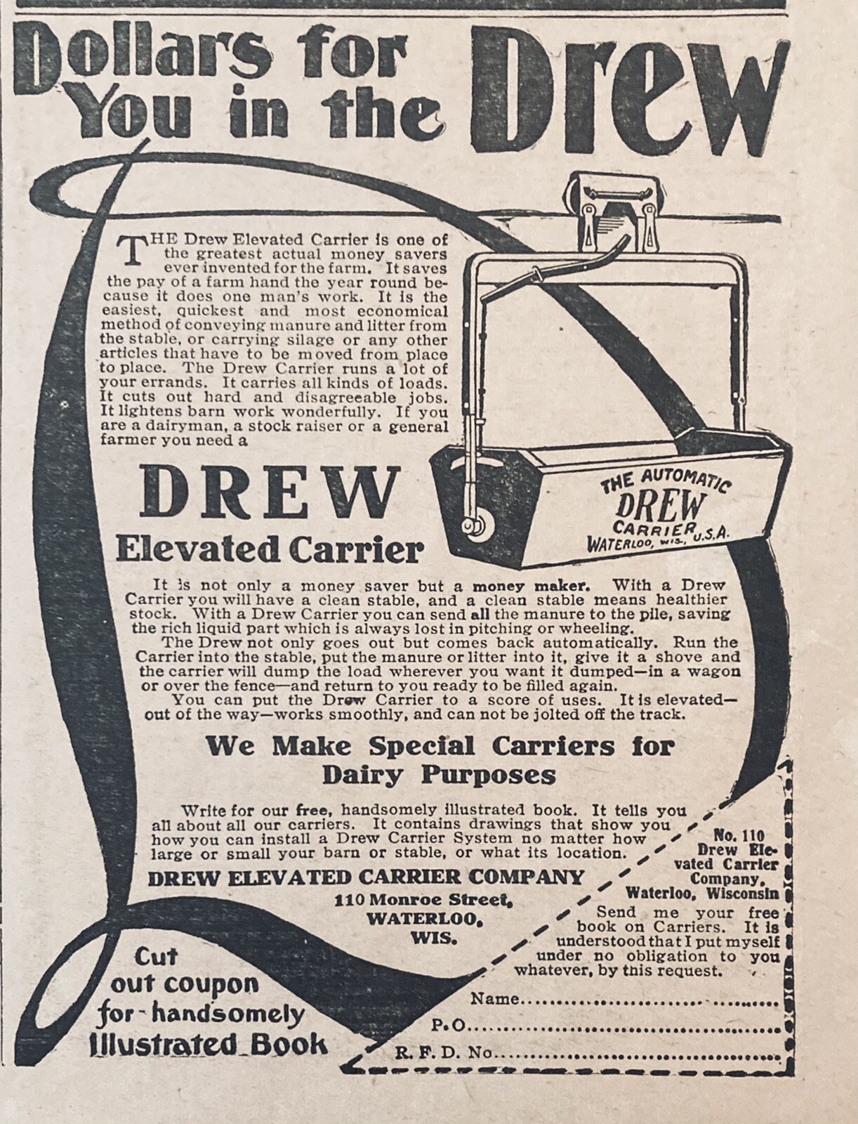 1907 AD.(XH11)~DREW ELEVATED CARRIER CO. WATERLOO, WIS. ELEVATED BARN CARRIER