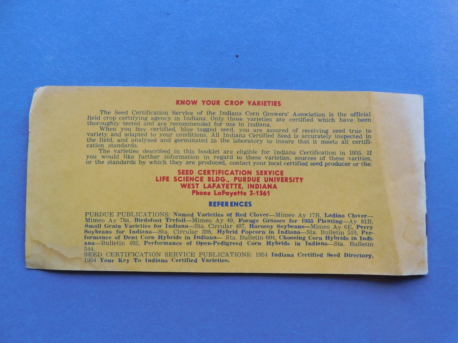 Indiana Certified Seed: Key to Varieties – 1954 Regional Small Grain Seeds recom