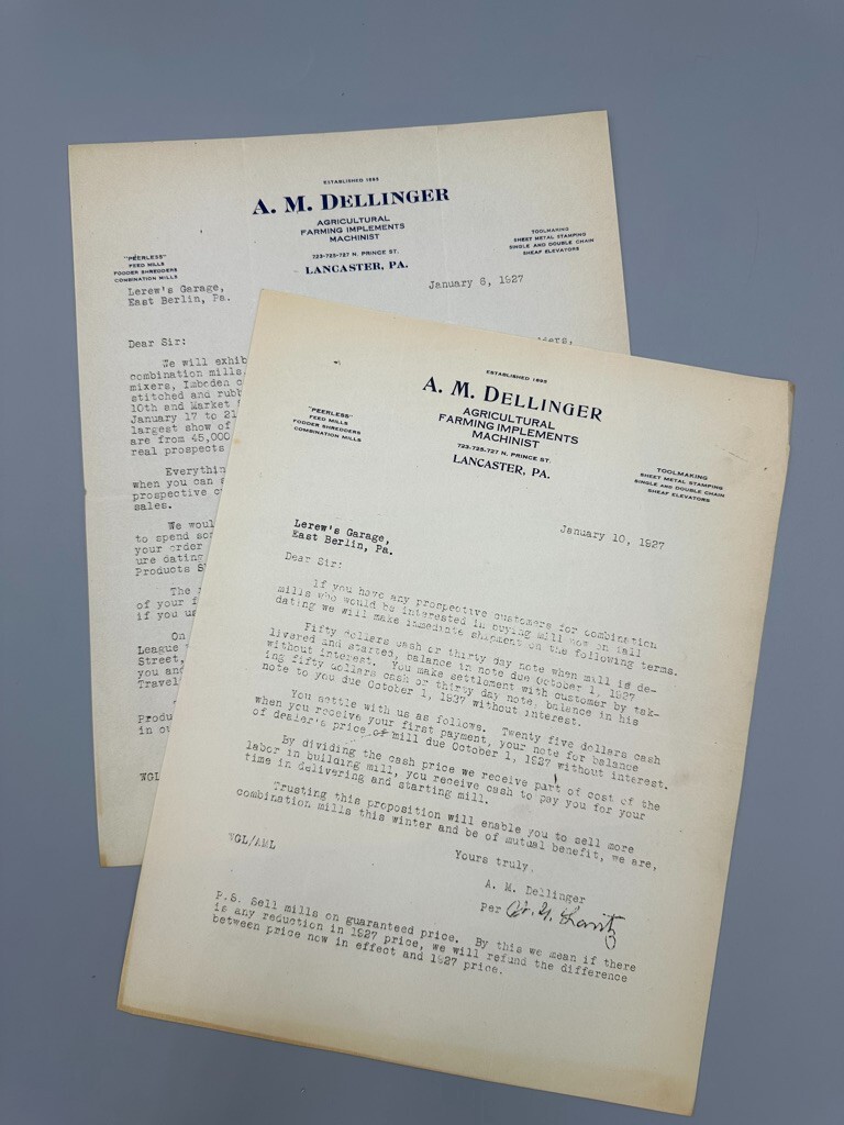 1927 LANCASTER PA Dellinger FARM IMPLEMENTS Agricultural Advertising Letters