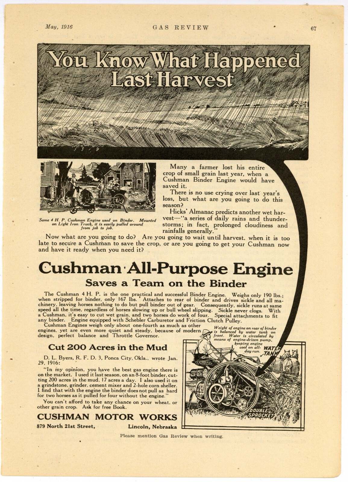 1916 Cushman Motor Works Ad: All Purpose Binder Gas Engine – Lincoln, Nebraska