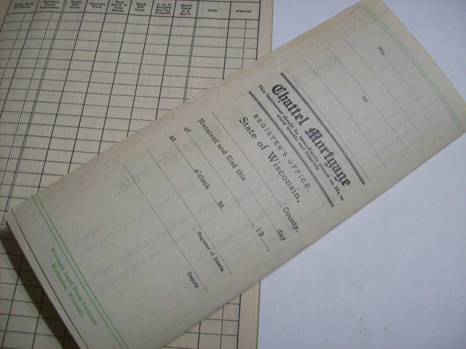 1948 FARM RECORD BOOK, NATIONAL FARM LOAN ASSOCIATION, BARABOO WIS. and MORTGAGE