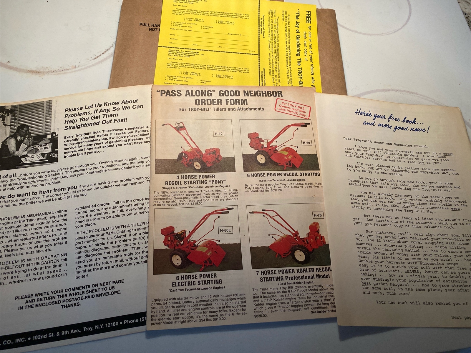 Troy-Bilt Roto Tiller & Attachments Advertisement Packet 1977 original, Letter,