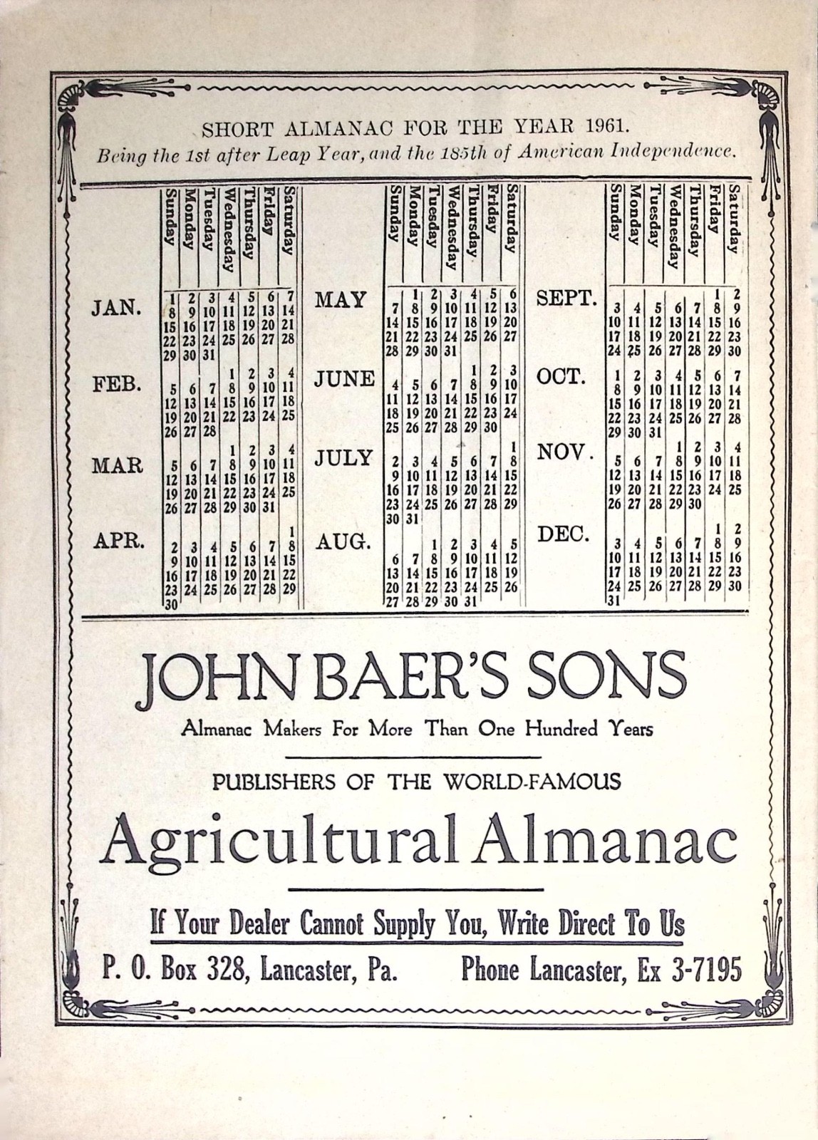 1961 John Baer’s Sons Agricultural Almanac Lancaster Pennsylvania 136th Volume