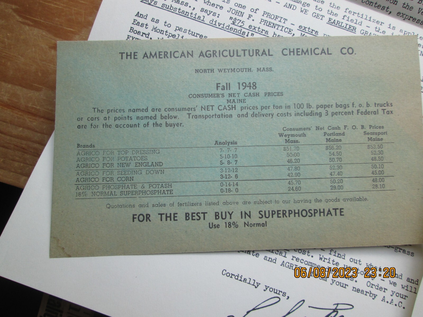 American agricultural chemical co Top dressing adv mailer 1948