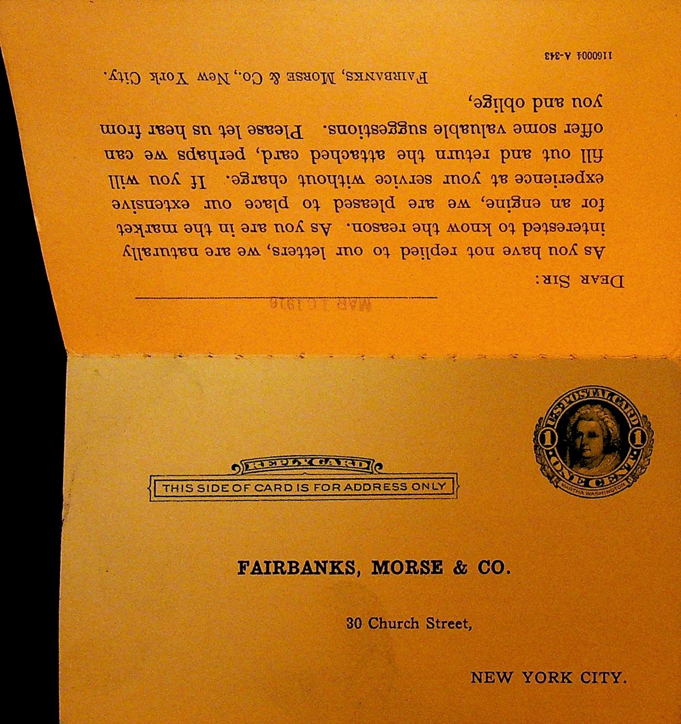 Fairbanks Morse & Co Postal Card 1916 New York City Farm Engines
