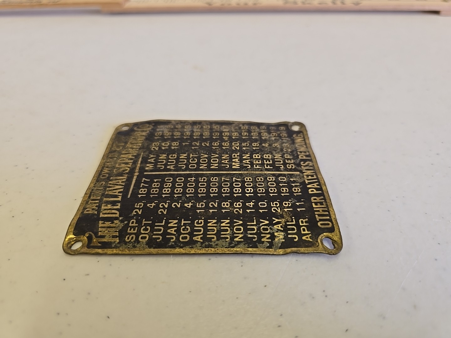 Antique De Laval Seperator Co Advertising 1919 Brass Patent List Badge Emblem