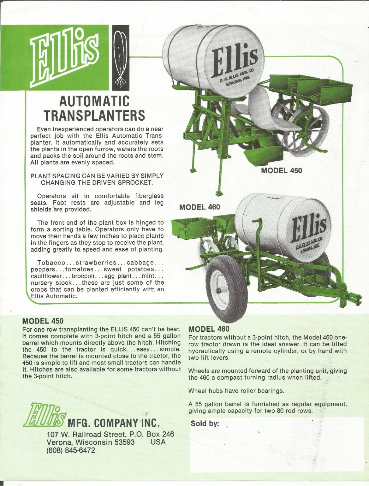 Original Ellis Model 450 460 470 Automatic Transplanters Dealer Sales Brochure