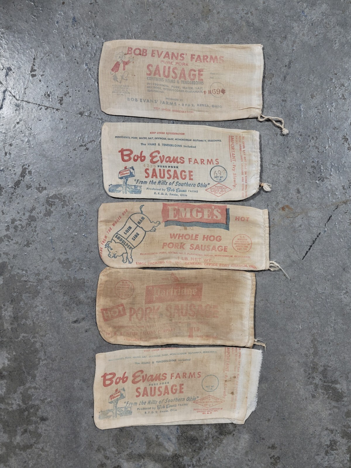 Lot Of 5 Old Pork Sausage Cloth Bag Bob Evans Emges Partridge Farms Pig Butcher