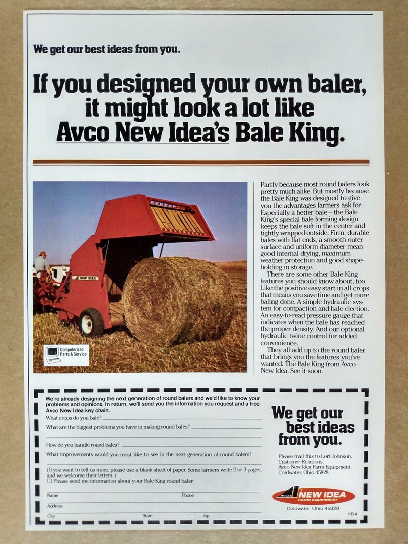 1979 Avco New Idea Bale King Round Baler vintage print Ad