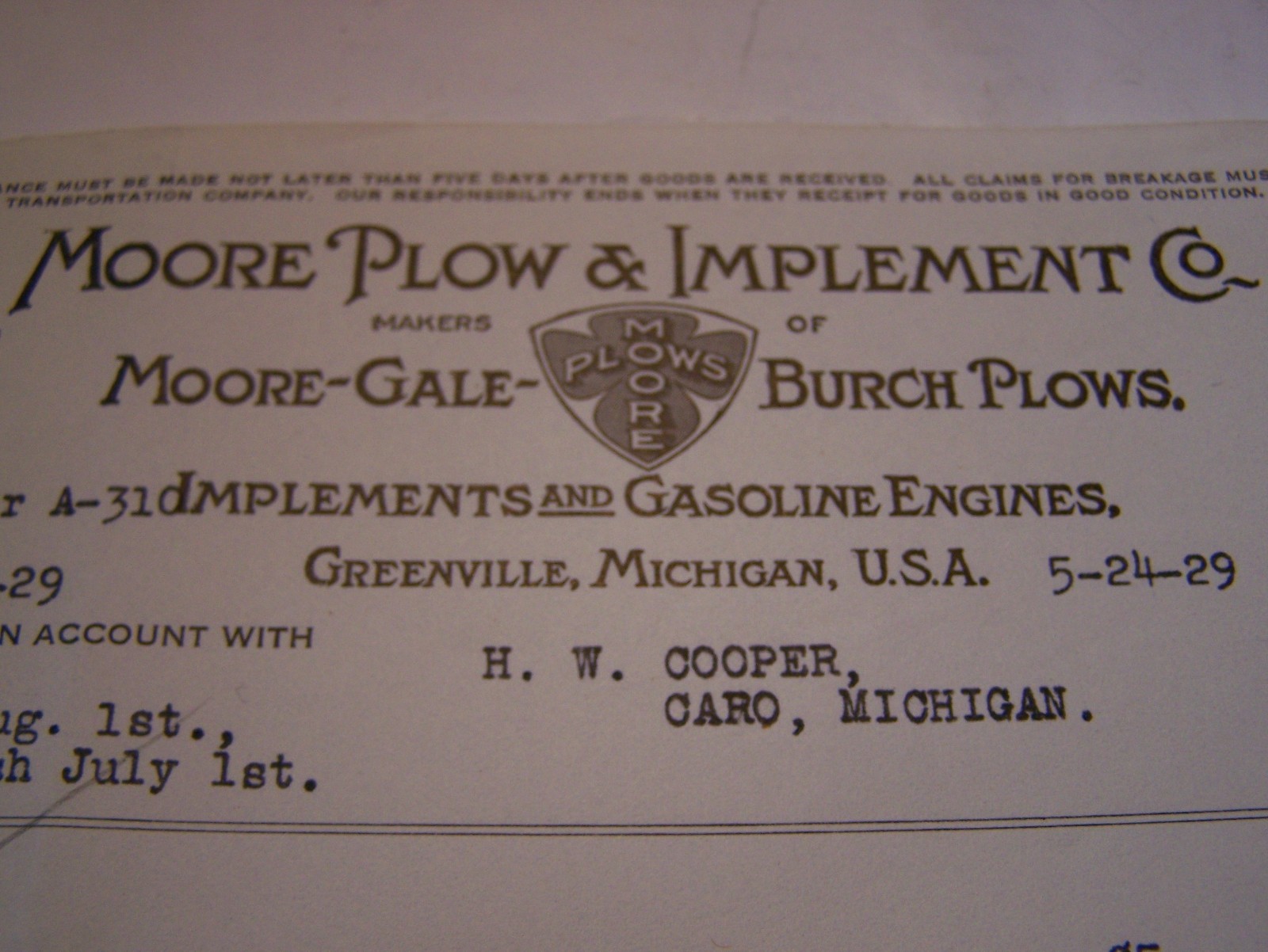 Original MOORE PLOW COMPANY Billhead Drill Cultivator Hit Miss Gas Engine MI WOW