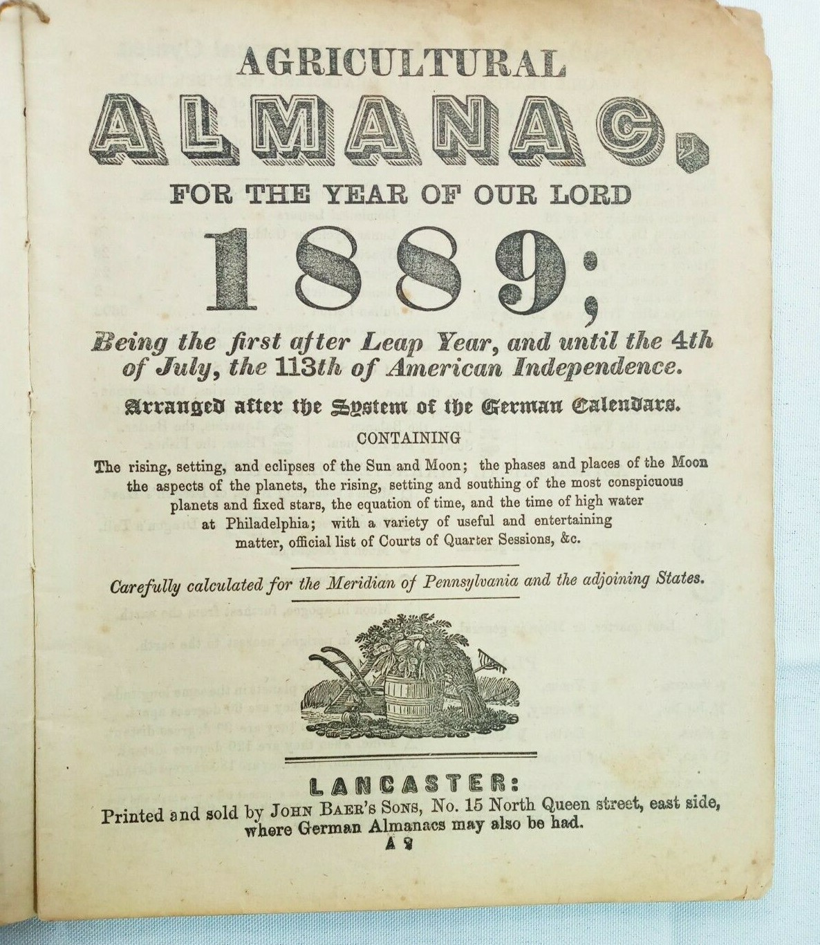 John Bear Baer&rsquo;s Agricultural Almanac Lancaster, PA Antique Farmers Vintage 1889