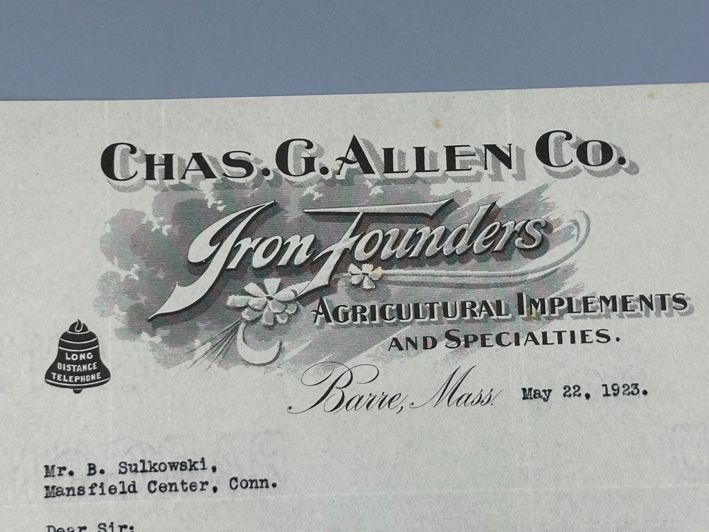 1923 Chas Allen IRON FOUNDERS Antique FARM MACHINERY Advertising Letter BARRE MA