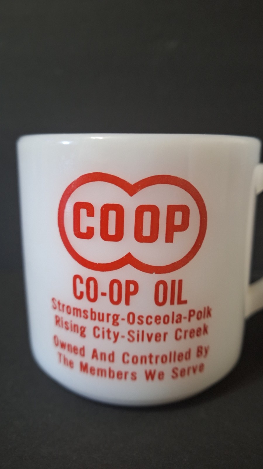 Vtg CO-OP OIL Milk Glass Mug Stromberg Osceola Polk Rising Silver Creek NEBRASKA