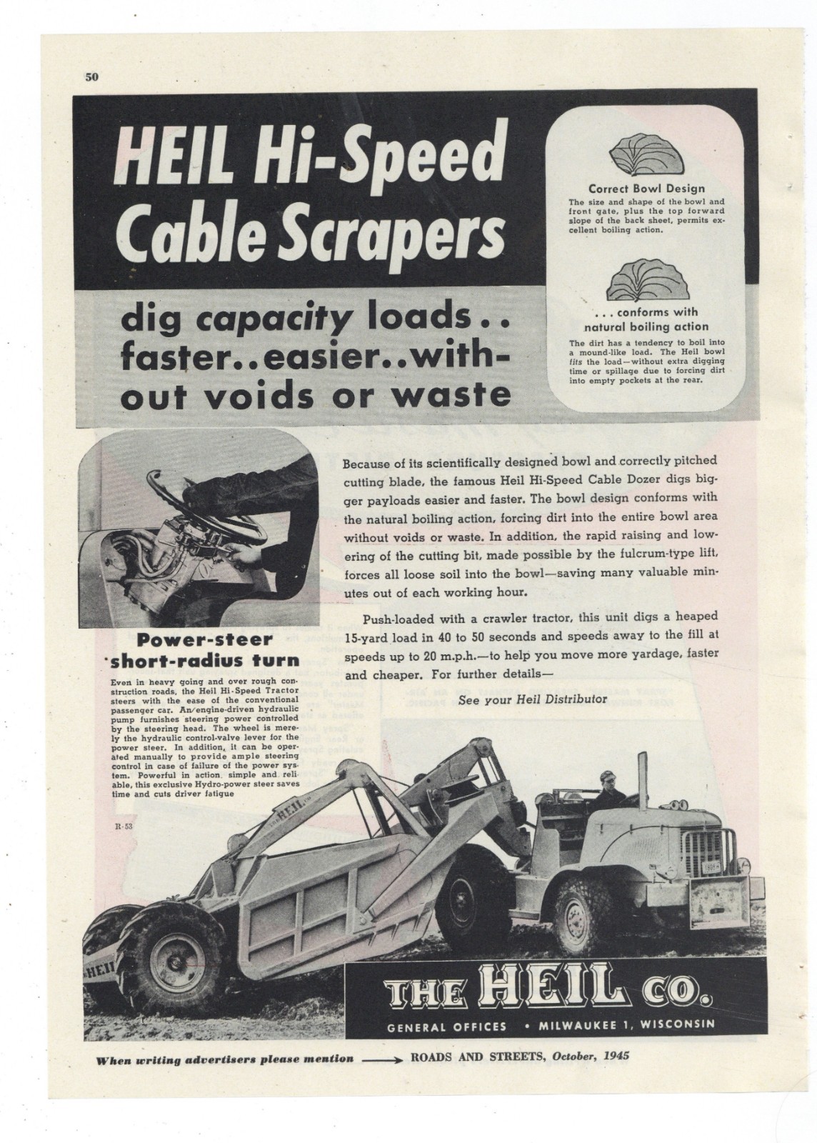 1945 Heil Hi Speed Cable Scraper Ad: Close Up View of Steering Column- Milwaukee