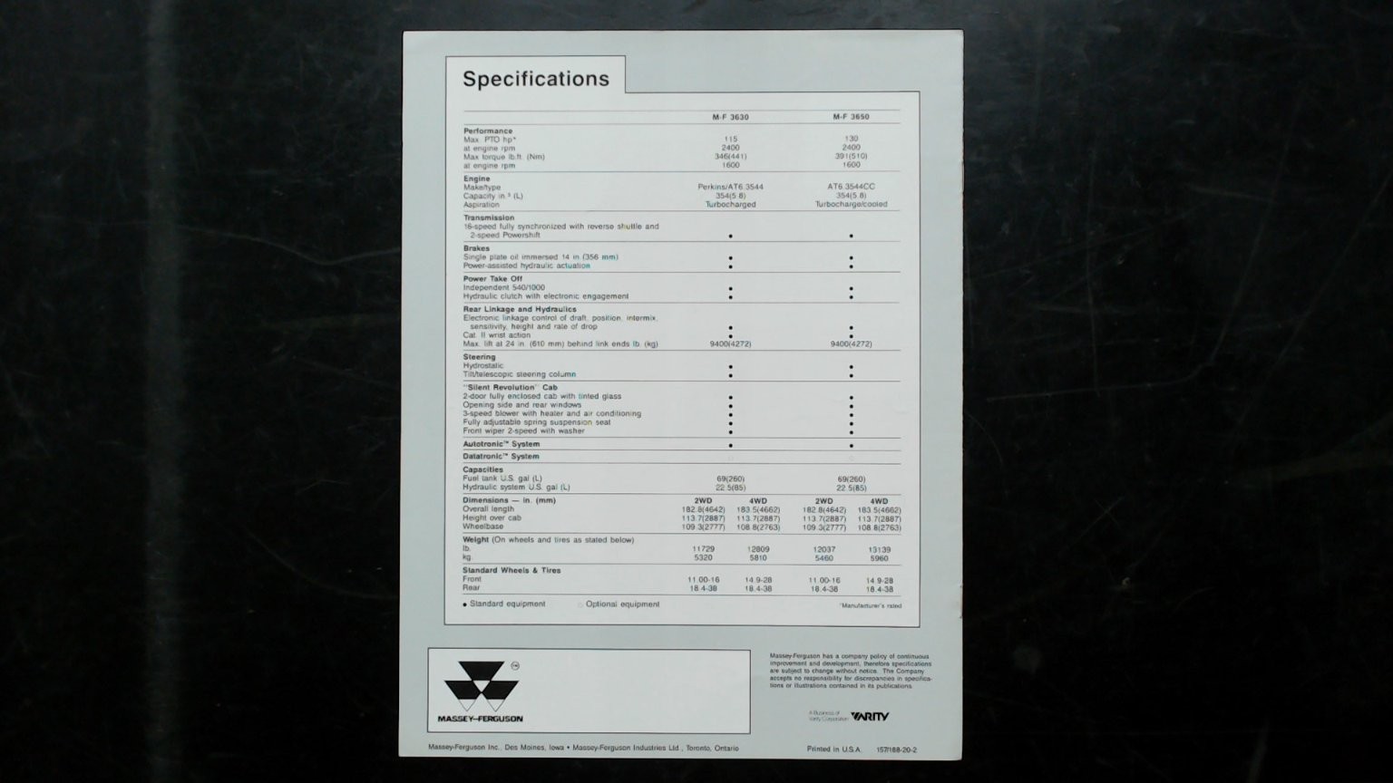 Massey-Ferguson 3600 Tractor Brochure Vintage Agriculture Spec Sheet