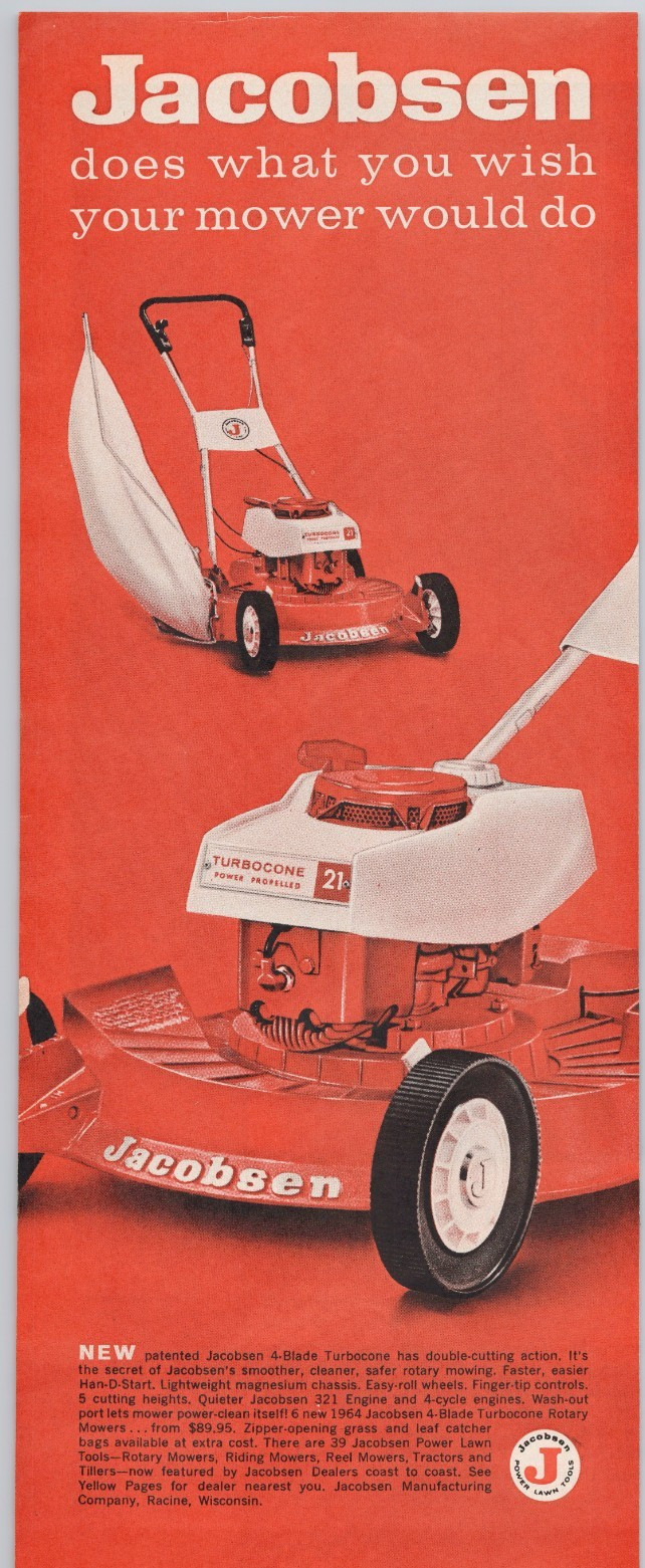 1964 Jacobsen Turbocone Lawn Mower Vintage Print Ad Lawn Care Power Tools