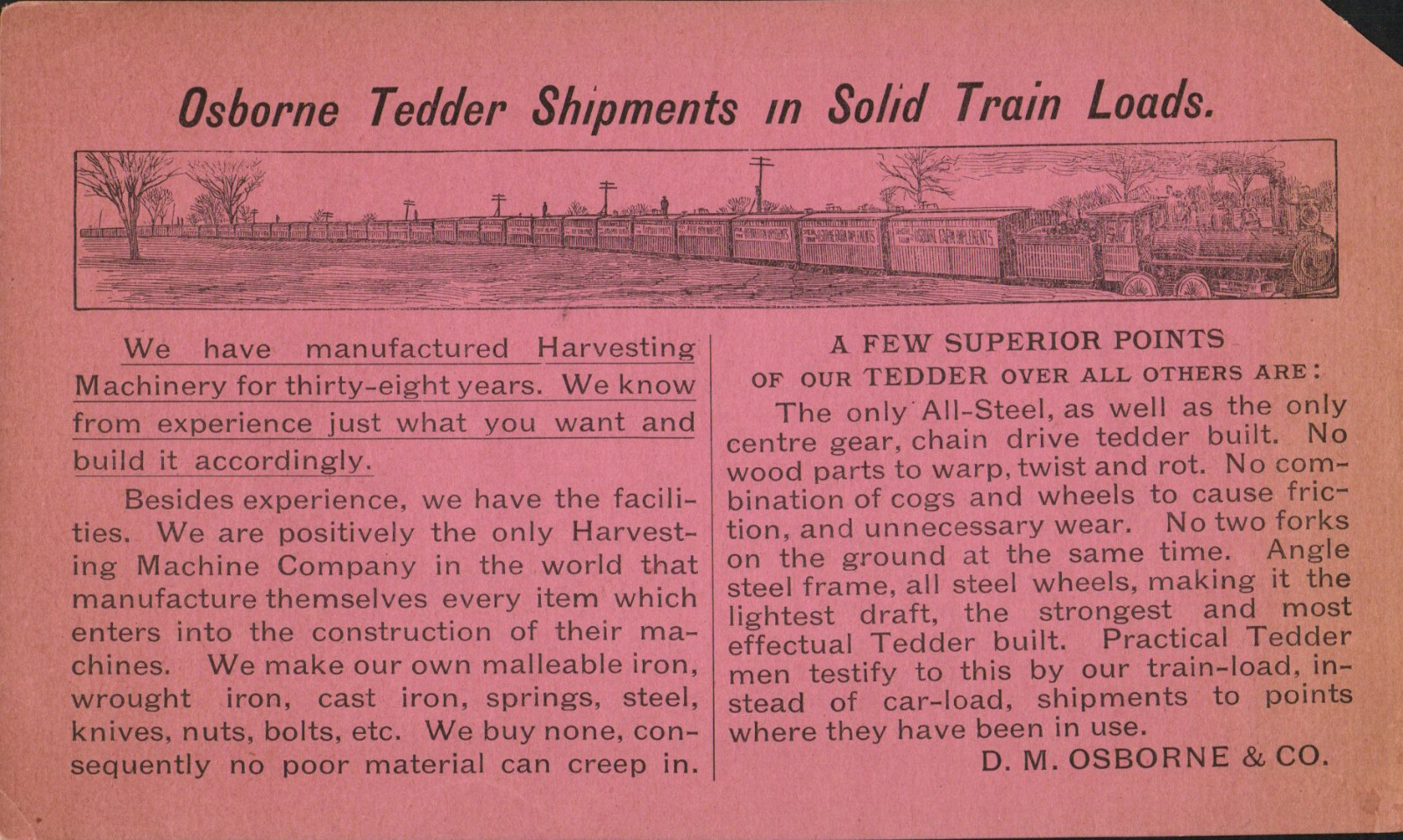 C 1897 ADVERTISING LEAFLET D M OSBORNE & C0 HARVESTING ALL-STEEL HAY TEDDER