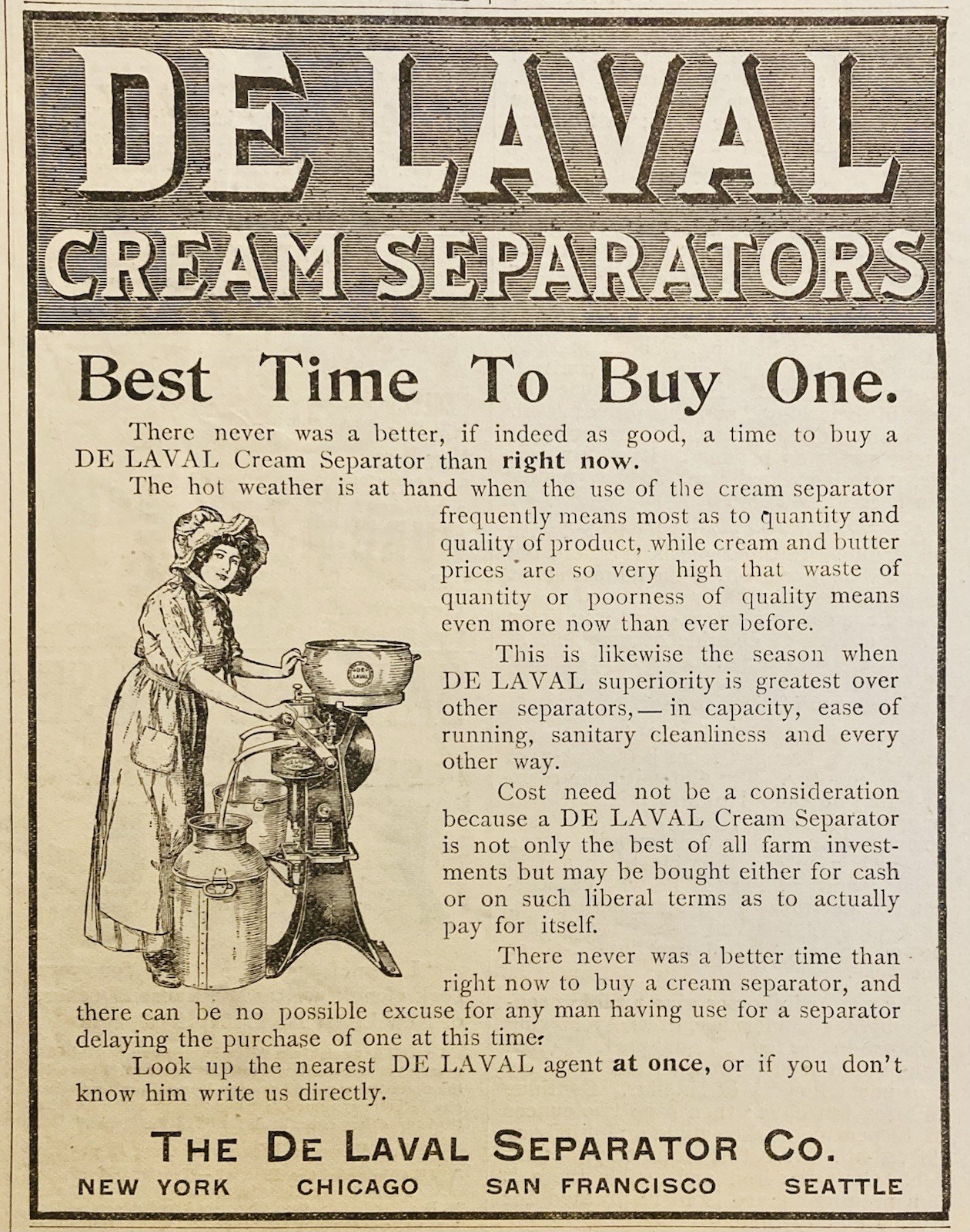1912 AD.(XH87)~DE LAVAL SEPARATOR CO. CHICAGO. CREAM SEPARATORS