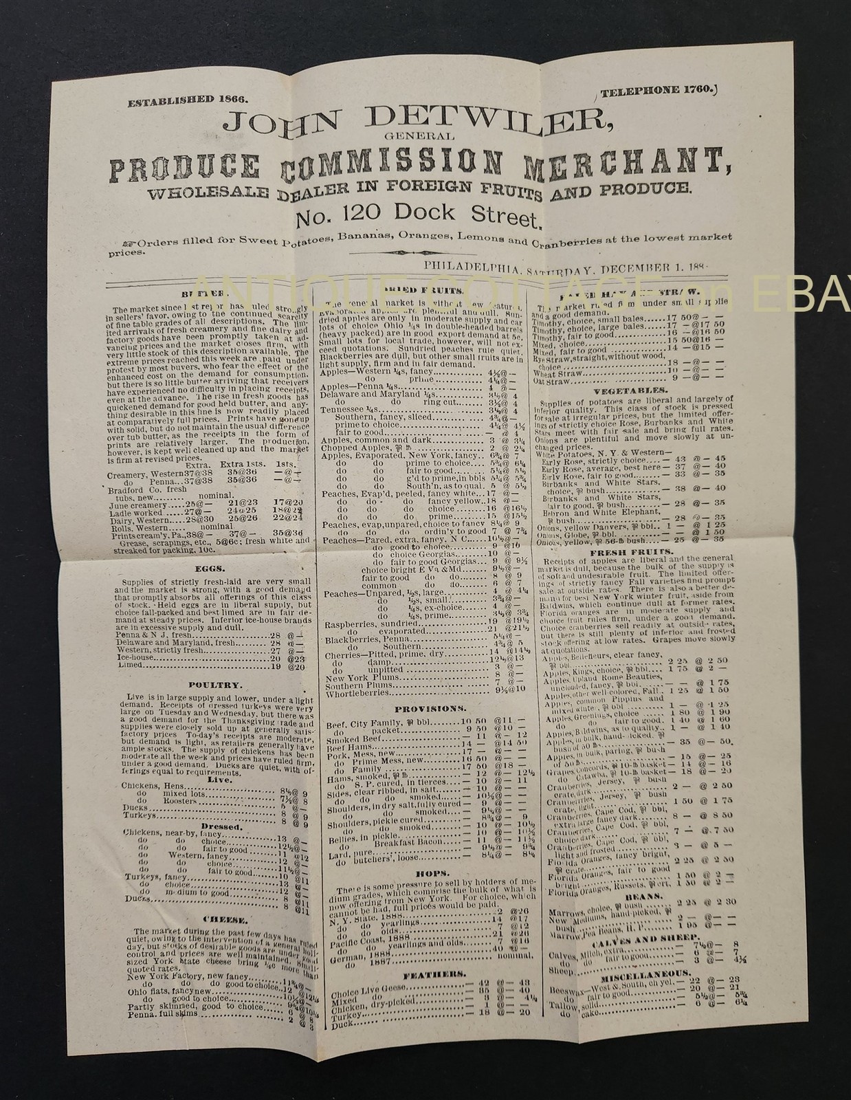 1880s antique JOHN DETWILER phila pa AD ENVELOPE produce merchant aurora HUSTED
