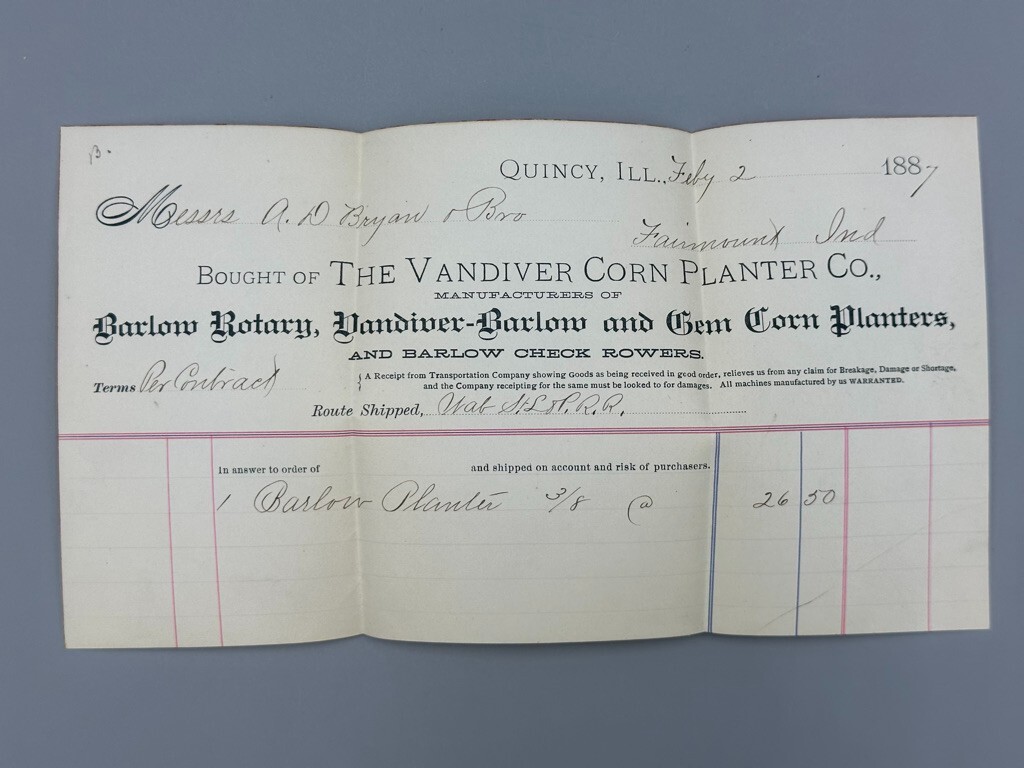 1887 VANDIVER CORN PLANTER Farm Advertising Postal Cover Invoice QUINCY Illinois