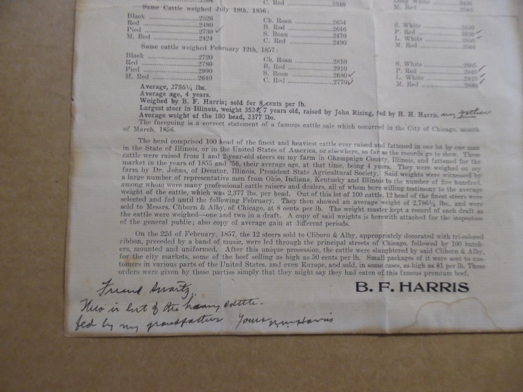 c.1875 B.F. Harris Cattle Breeder Promo Broadside Champaign Illinois Chicago