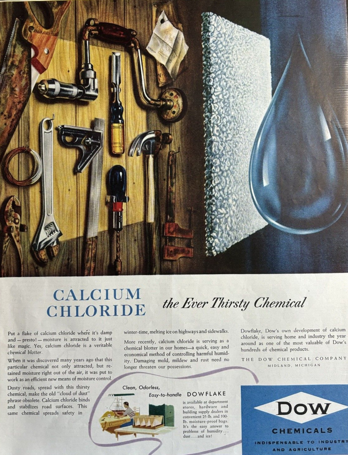 1950 Dow Chemical Calcium Chloride Industry Agriculture Midland Mi VTG Print Ad