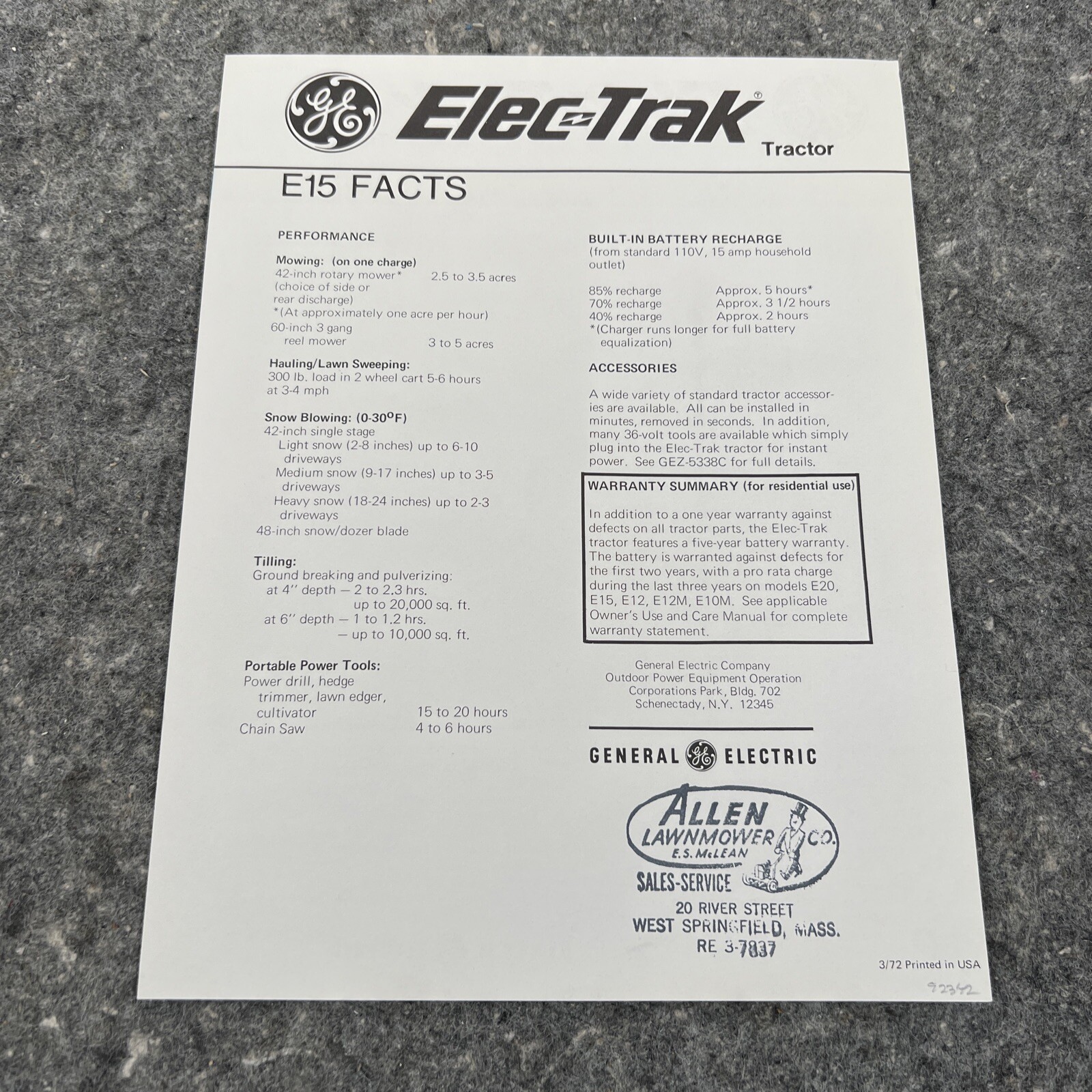 G.E Elec-Trak Lawn Garden Tractor E15 Facts Brochure