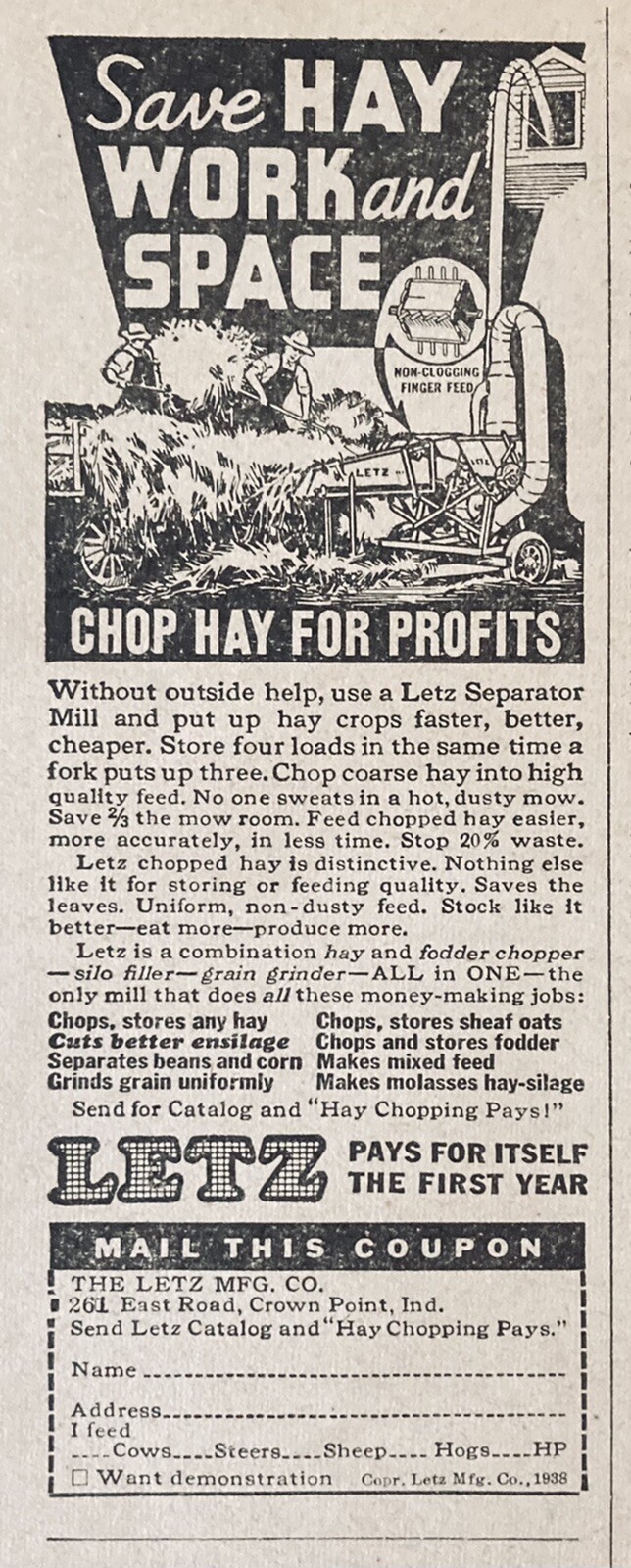 1938 AD.(XH16)~LETZ MFG. CO. CROWN PT. IND. LETZ ENSILAGE SEPARATOR MILL