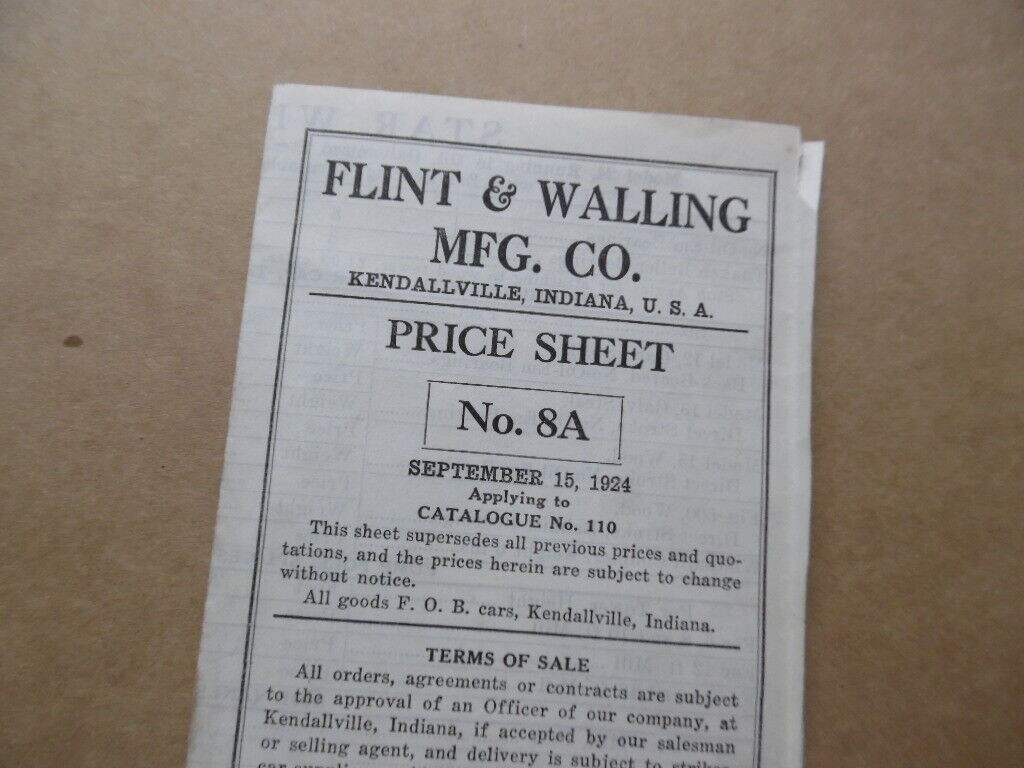 1924 Flint & Walling Mfg. Co Star Windmill Catalog Price List Vintage Original