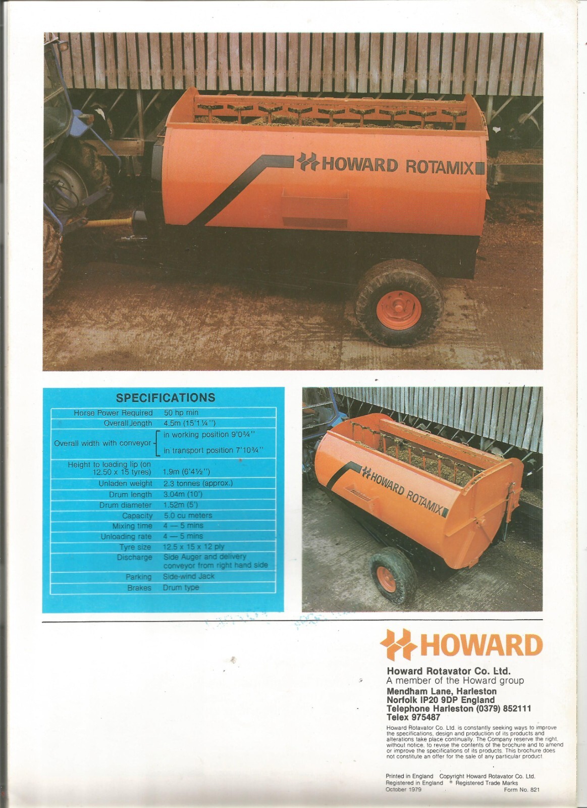 Original OEM OE Howard Rotamix Sales Brochure Specifications Sheet Form # 821