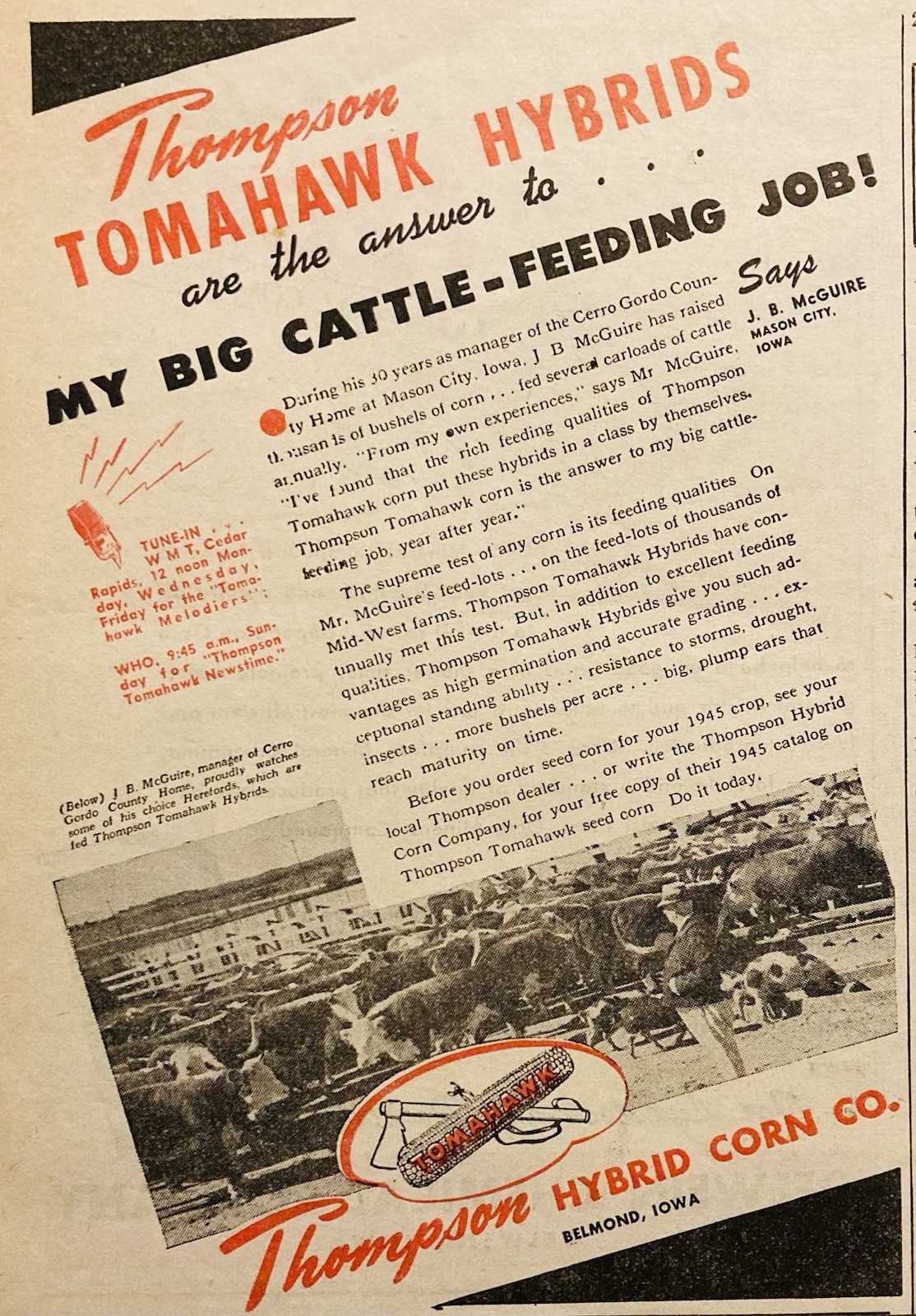 1946 AD.(PC9)~THOMPSON HYBRID CORN CO. BELMOND, IOWA. TOMAHAWK HYBRID FEED