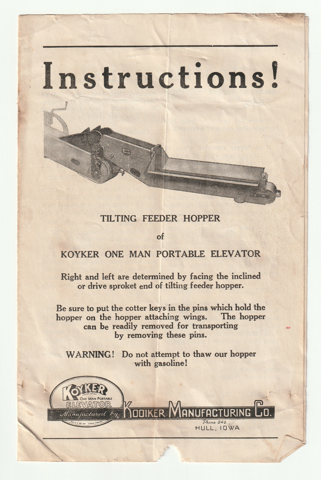 Koyker Mfg. Co., Hull, Iowa, IA – Lot of Instructions for Agricultural Equipment