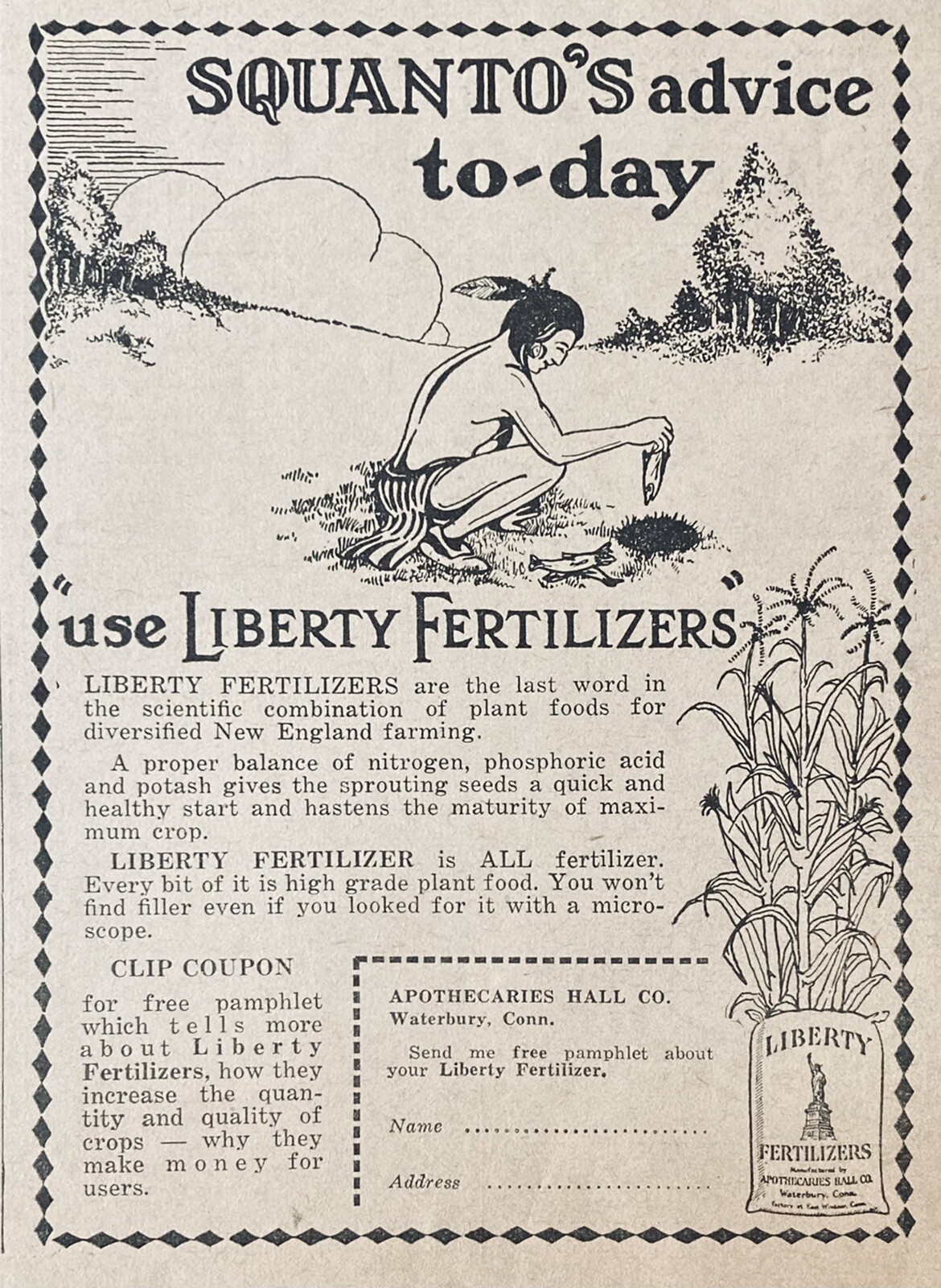 1926 AD(XH33)~APOTHECARIES HALL CO. WATERBURY, CONN. “LIBERTY FERTILIZER”