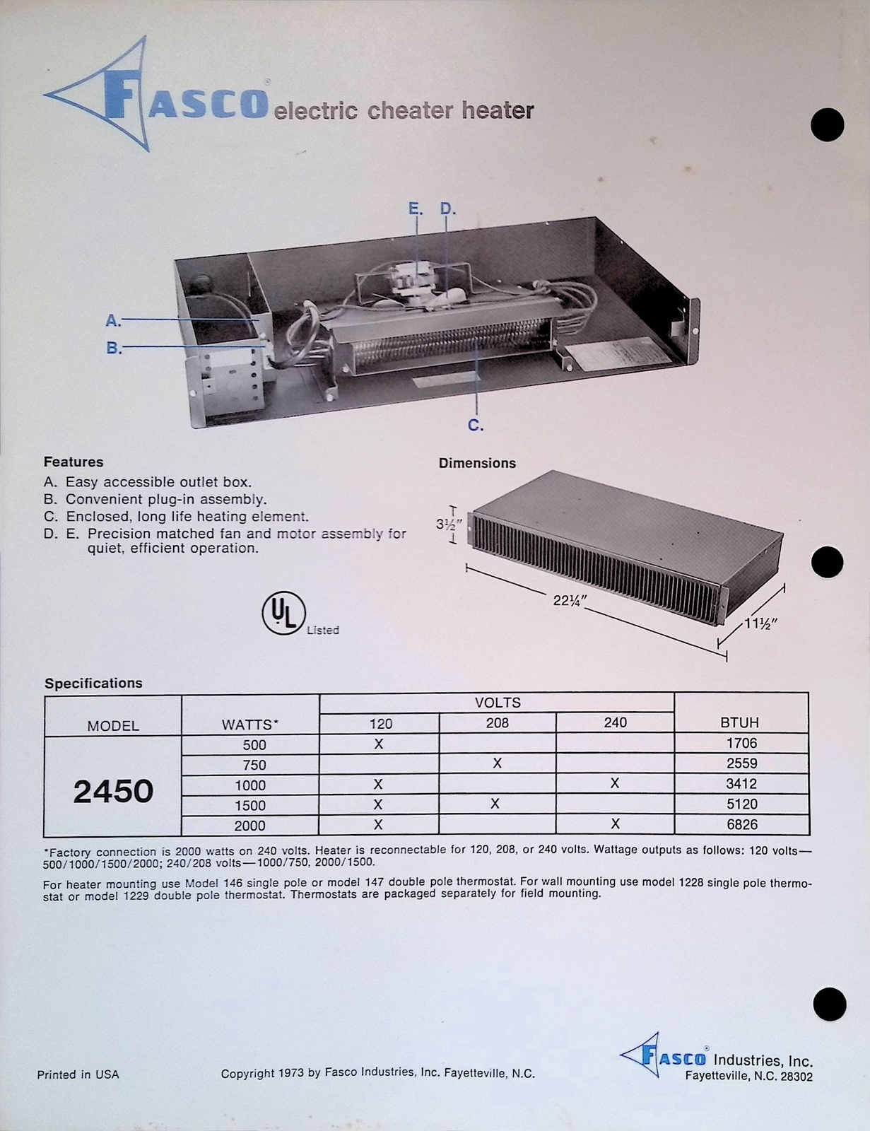 Vintage Farm Advertisement Spec Sheet Fasco Electric Cheater Heater Brochure Des