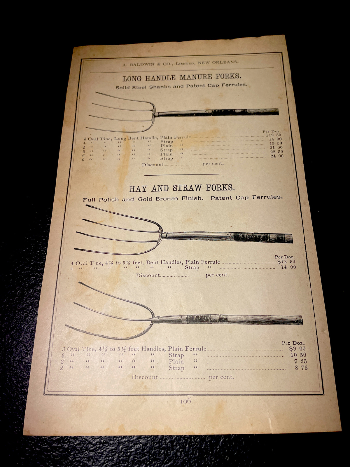 1891 Baldwin – Manure, Hay & Straw Forks – Farm Advertising – New Orleans