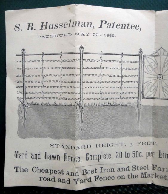 1888 antique HUSSELMAN WIRE FENCE HITCHING POST hagerstown md AD farm yard lawn