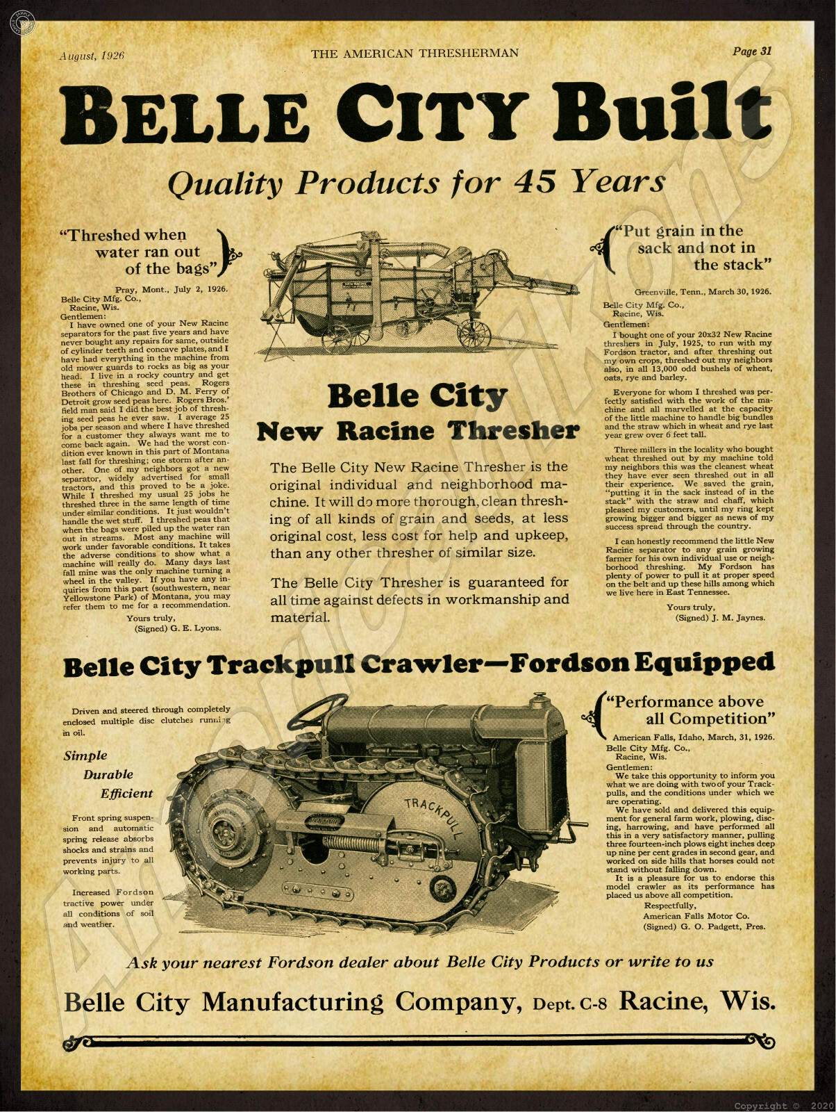 1915 Belle City Tractors New Metal Sign: Trackpull Crawler, Thresher – Racine WI