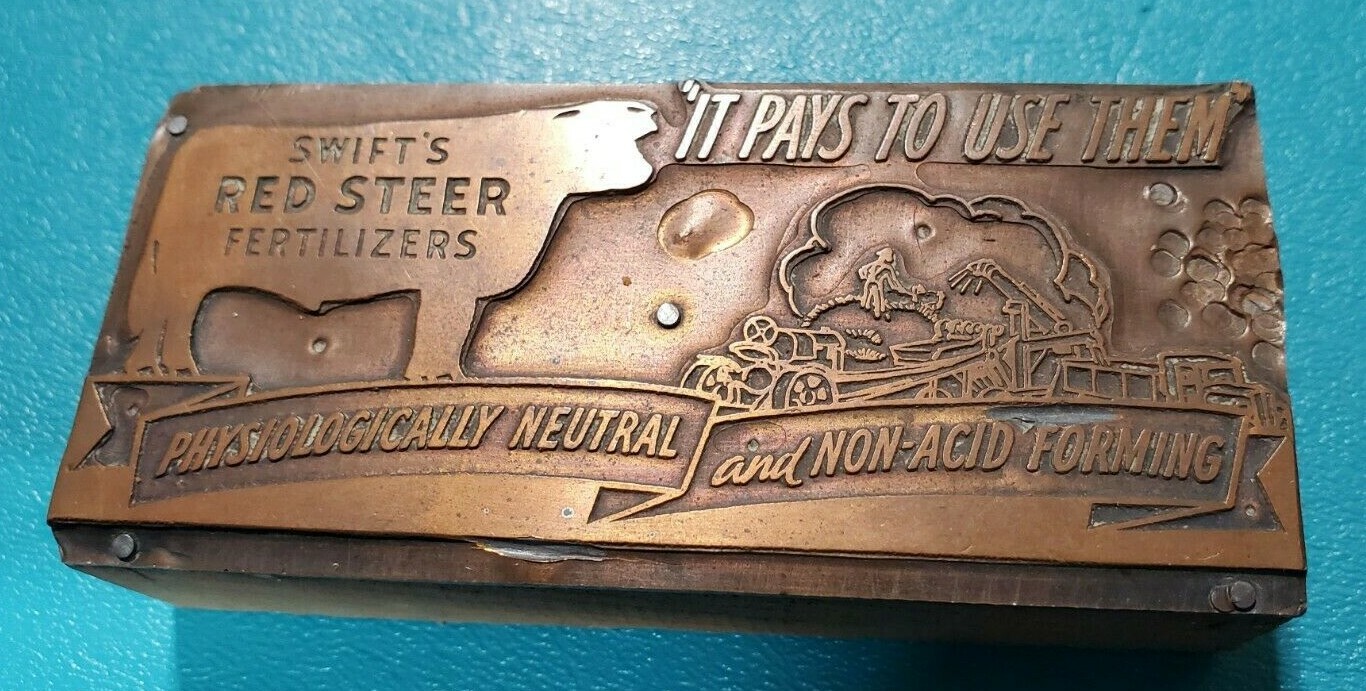 Vintage Swift Agent Fertilizer Farm Cattle Red Steer Copper PRINTING PLATE Block