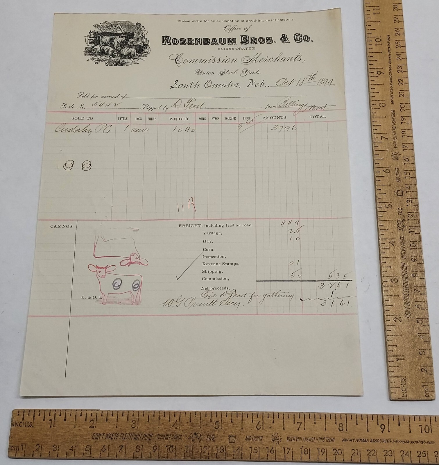 1899 ROSENBAUM BROS & CO Commission Merchants – RECEIPT – listing #7446